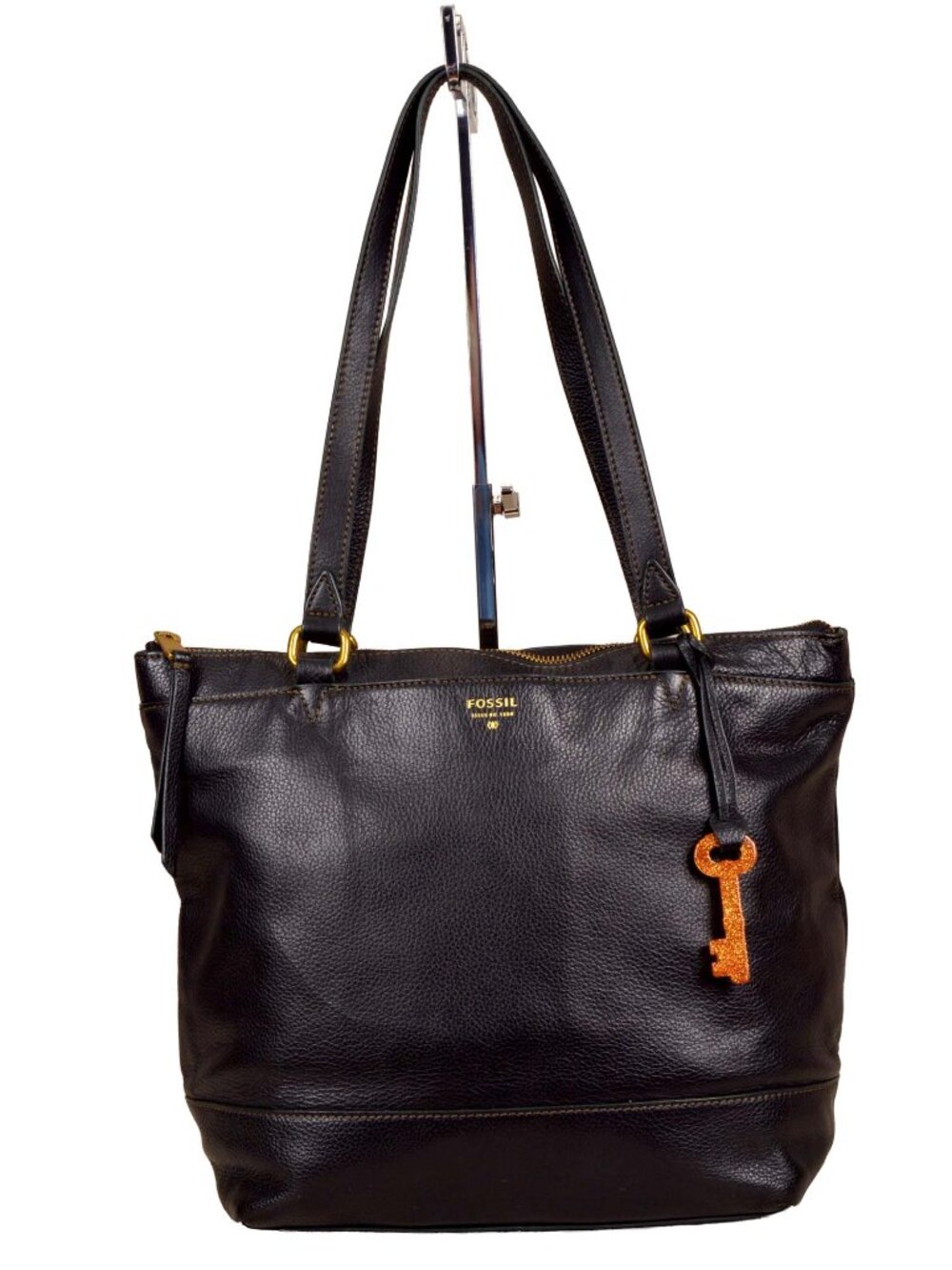 Fossil Issue No. 1954 Black Leather Shoulder Tote Bag Signature Key Charm